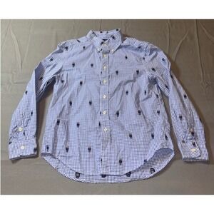 Polo Ralph Lauren Boys Blue Gingham Polo Bear Embroidered Shirt Size M 10-12